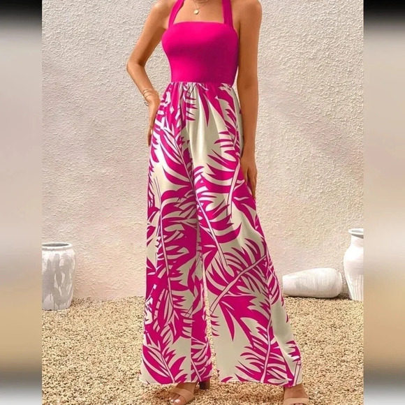 Pink Boho Womens Tropical Print Tie Backless Halter Neck Wide Leg Jumpsuit - Picture 3 of 5